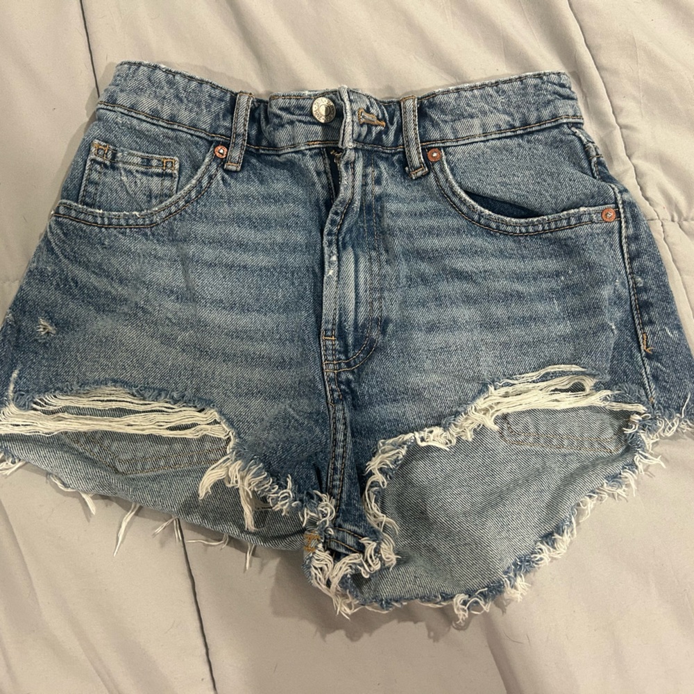 Zara Blue Jean Shorts Distressed Frayed Hem